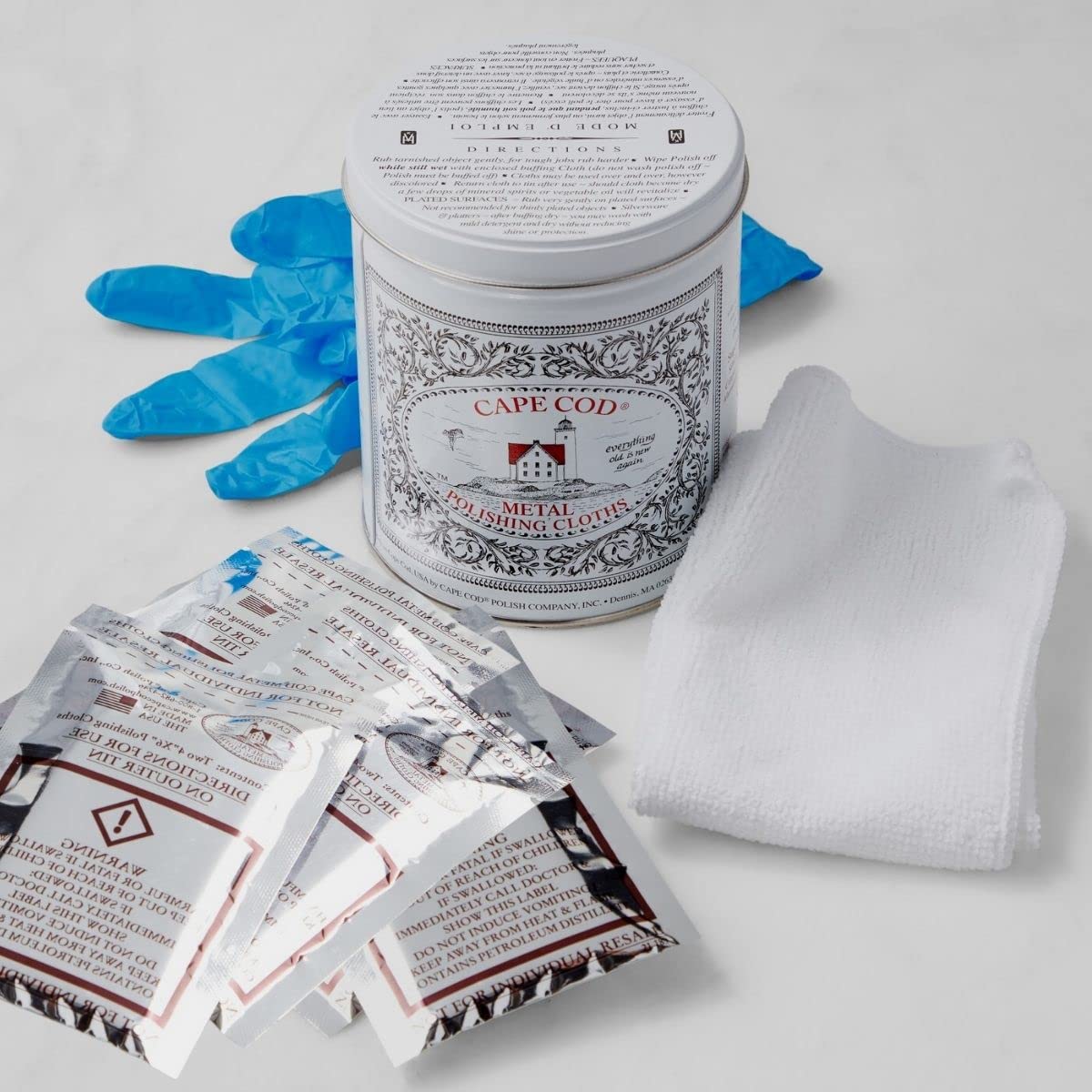 Cape Cod Economy Tin Metal Polish (6) 4 x 6, (1) 12 x 12 polishing Cloth Pair of Nitrile Gloves