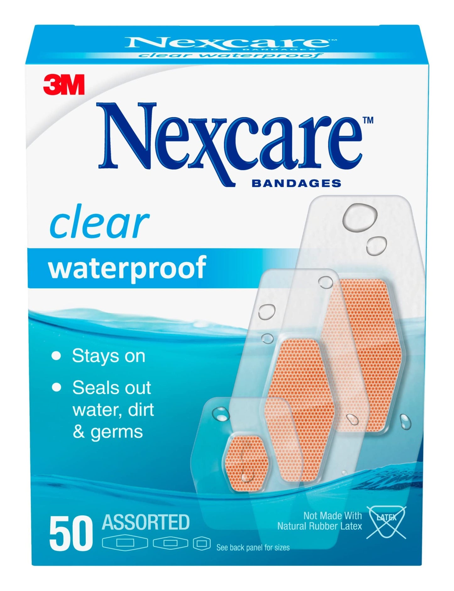 Nexcare Waterproof Clear Bandages Assorted Sizes, 50 Bandages